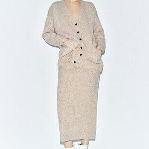 Zara 100% Wool Beige Ribbed Midi Skirt XL | High-Waisted, Sustainable Winter NWT